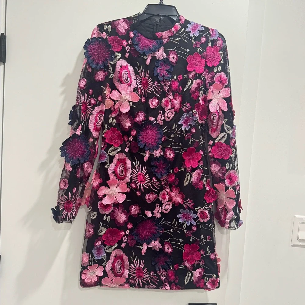 Monique Lhuillier Pink and Black Floral Long Sleeve Dress - Picture 4 of 7
